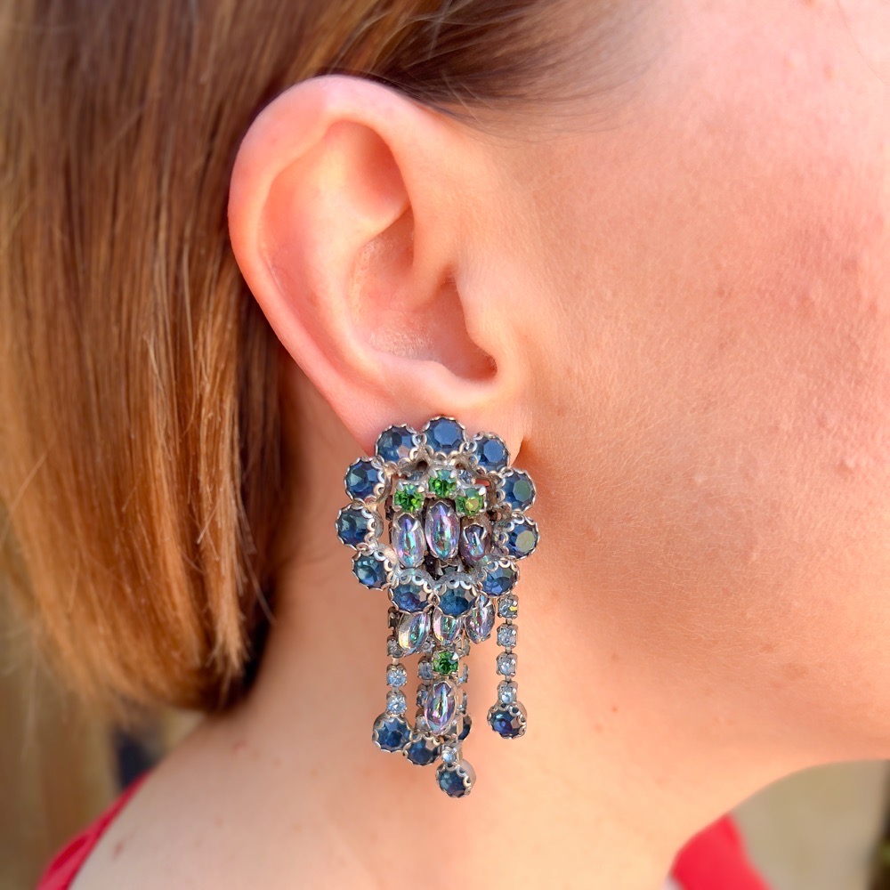 Vintage 1960s Blue Rhinestone and Vitrail Glass Statement Tassel Earrings
